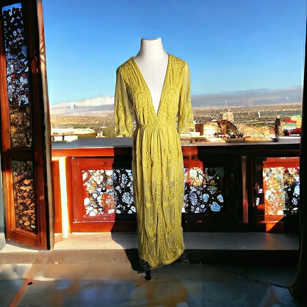 Wishlist Lace Maxi Romper Crocheted Empire Boho V-neck Mustard Fairycore Sheer